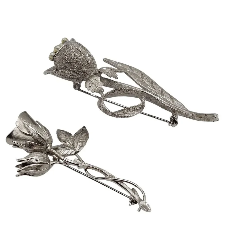 2PC Brooch SilverTone Spring Tulip Lily Floral Lapel Pin Brooch Lot Stmt Elegant